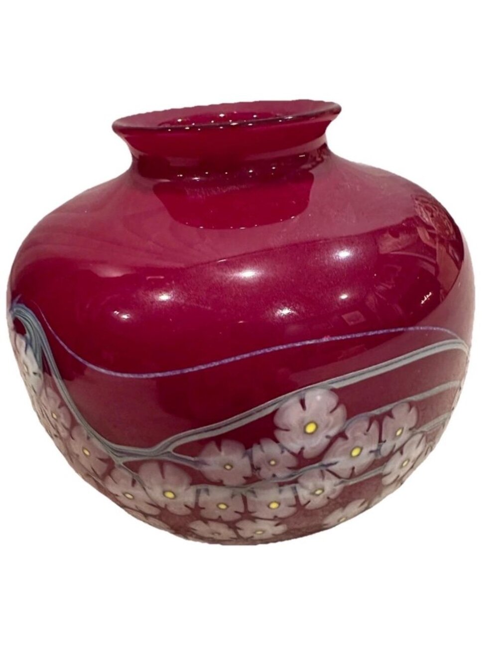 R.Satava Art Glass Maroon Floral Studio Vase -Signed
